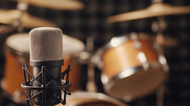 Podcast audition studio with recording setup and drum background creative space indoor medium angle sound production
