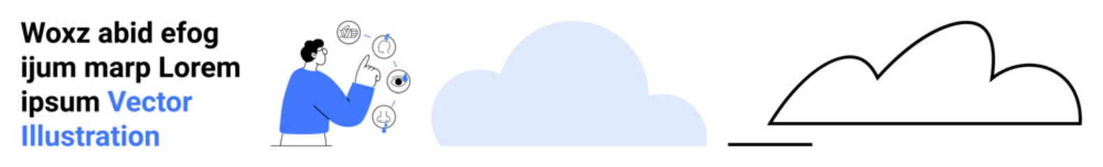 Man interacting with data symbols, large blue cloud in background, minimalist cloud outline. Ideal for technology, cloud computing, data analysis, innovation, storage, teamwork simple landing page