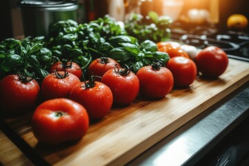 Ripe Tomatoes and Fresh Basil on a Wooden Cutting Board