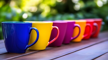Colorful Rainbow Mugs on Wooden Table Outdoor