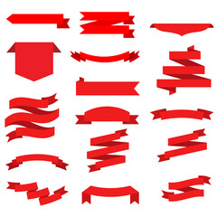 Collection of red ribbon banners in various styles. Isolated vector set for promotions, labels, and decorative design.&rdquo;