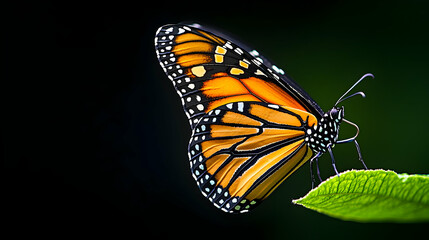 Fototapeta premium Vibrant Orange Monarch Butterfly Perched on a Green Leaf with Dark Background