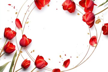 a vibrant circle frame adorned with red tulips and golden accents, fresh and modern, isolated on white background