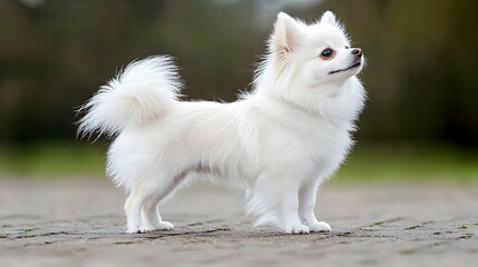 Fototapeta premium Fluffy White Pomeranian Puppy Standing Outdoors