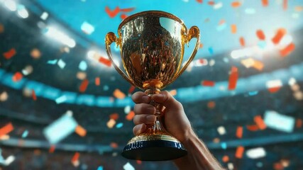 The golden Champions Cup held high in male hands against a stadium grandstand background, with falling confetti and team celebration. Concept of victory, triumph, and sports competition. 