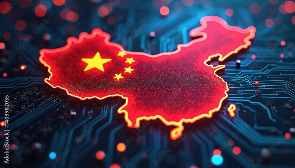 Aufkleber china map outline, flag colors red, yellow glowing. futuristic circuit board digital technology back