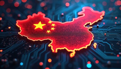 China map outline, flag colors red, yellow glowing. Futuristic circuit board digital technology backdrop. High-tech data streams, innovation, modern design, connectivity, global network.
