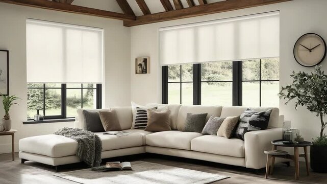 Comfortable neutral colored sectional sofa in bright and spacious living room with roller blinds