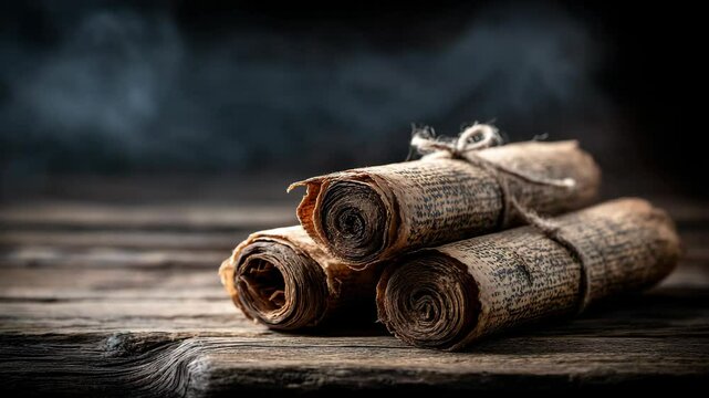 Aged paper scrolls tied with twine stacked on weathered wood planks creating a vintage historical impression.