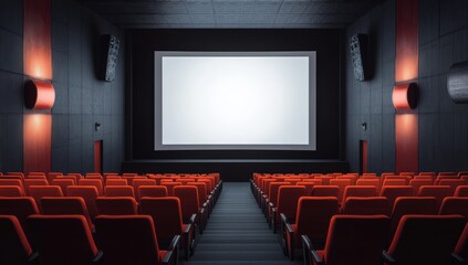 Fototapeta premium A vast theater with a blank screen and empty red seats stands ready for an audience. This modernly designed venue for film presentations and movie showtimes is a public place for entertainment