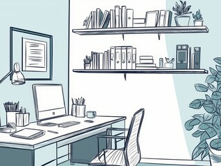 Sketch-style illustration of an office with shelves, computer, and potted plant. Muted color palette adds to the calm workspace.