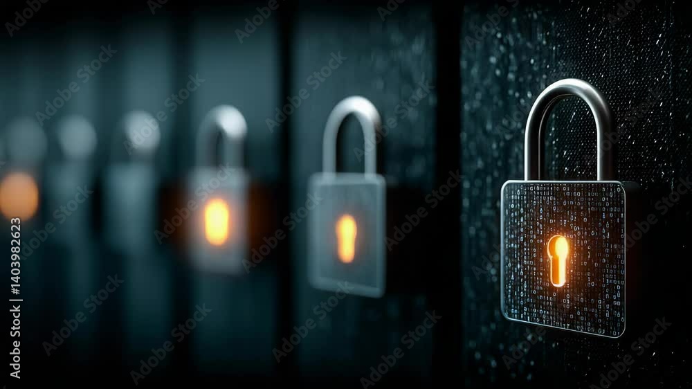 Poster digital padlock on black background, security concept with binary code pattern and glowing keyhole, 