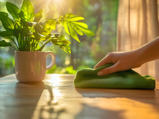 Hand Wiping a Wooden Table with a Green Cloth