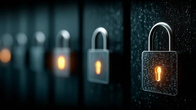 Digital padlock on black background, security concept with binary code pattern and glowing keyhole, abstract data protection