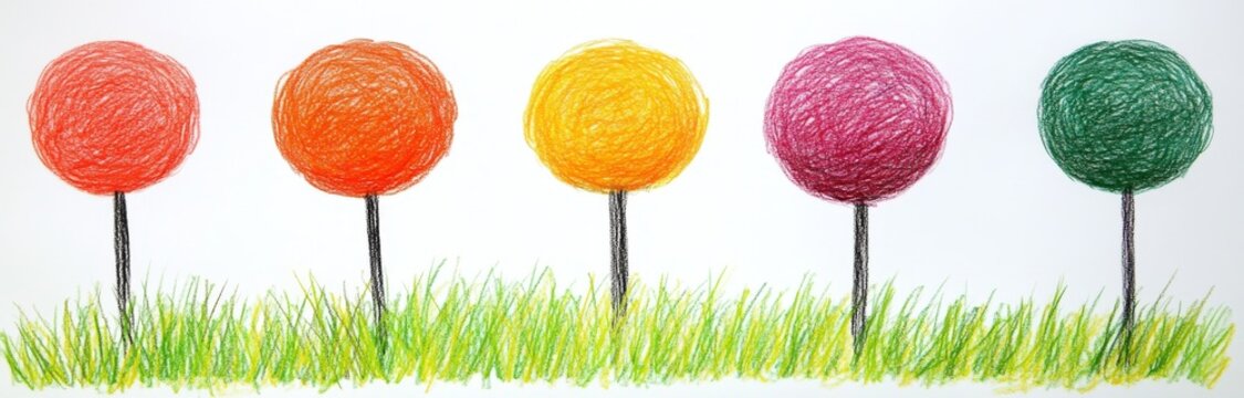A child's crayon drawing of vibrant flowers, with visible scribble and pencil marks on the paper background, showcasing a spring and nature theme with a floral design