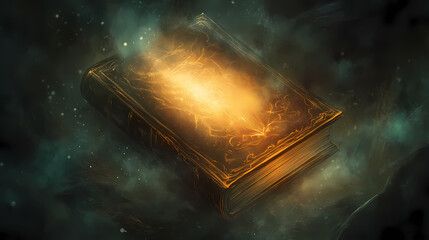 Mystical tome with radiant aura set against a dark and mysterious backdrop, exuding an air of ancient knowledge and forgotten lore , leather-bound, glowing aura. Forgotten Lore. Illustration