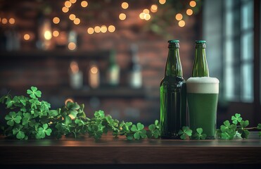 For the Irish St. Patrick's Day celebration, a green beer is served on the bar. A festive shamrock drink sits on the wooden counter of the pub. The traditional party features a beer pint and a golden