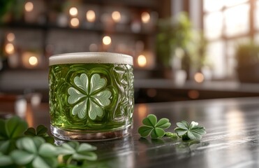 Green beer is served at the bar for the Irish St. Patrick's Day celebration. A festive shamrock beverage rests on the wooden countertop of the pub. The traditional party includes a pint of beer and a