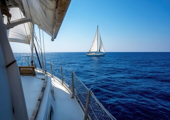 Obraz premium Sailboats glide across calm blue seas under a clear sky.