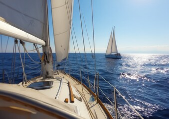 Two sailboats glide on the shimmering blue ocean under a clear sky, creating a serene and peaceful scene of maritime beauty.