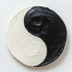 A graphic representation of a black and white yin yang symbol in a round, Oriental zen design. It signifies balance and harmony, making it suitable for meditation, esotericism, and t-shirt designs,