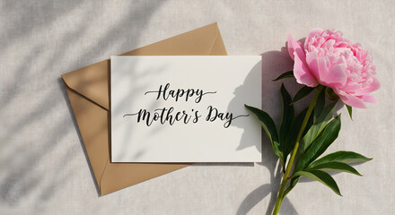 Minimalist Mother&rsquo;s Day Card with Pink Peony and Linen Background