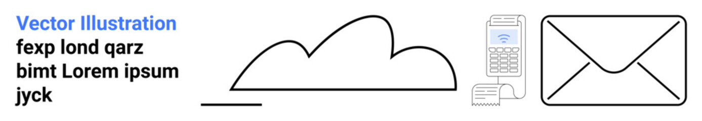 Cloud icon, mobile device, payment terminal, and email envelope integration symbolizing digital communication. Ideal for technology, networking, data sharing, online payments, cloud services email