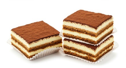 Fototapeta premium Three square tiramisu cakes stacked and one to the side on a white background in paper liners