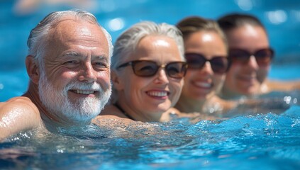 A close-up of a smiling senior man in a swimming pool with a group. An elderly male participates in aqua aerobics fitness classes. This water sport activity promotes a healthy lifestyle and group