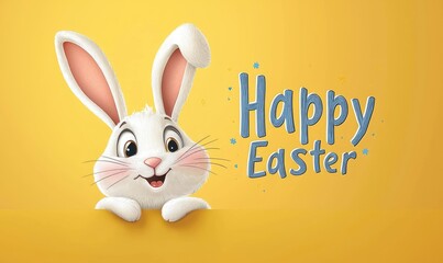 Obraz premium Cute white bunny peeking with cheerful expression beside “Happy Easter” text on bright yellow background. Ideal for Easter cards, banners, and festive promotions