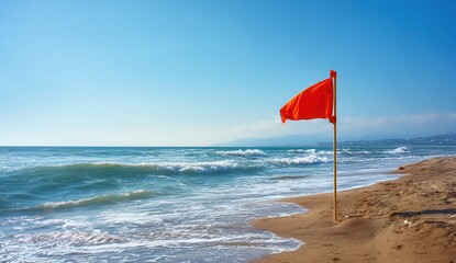 Red warning flag on sandy beach waves under clear blue sky.
