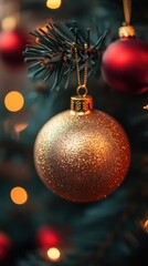 Sparkling gold & red ornaments hang from evergreen branches. Soft bokeh lights twinkle in the background