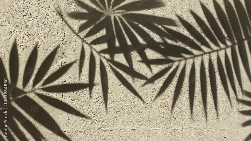 Poster textured wall background cast with silhouettes of tropical plant leaves creating abstract design and