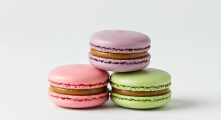 A stack of three colorful macarons with filling on a plain white background in a studio setting