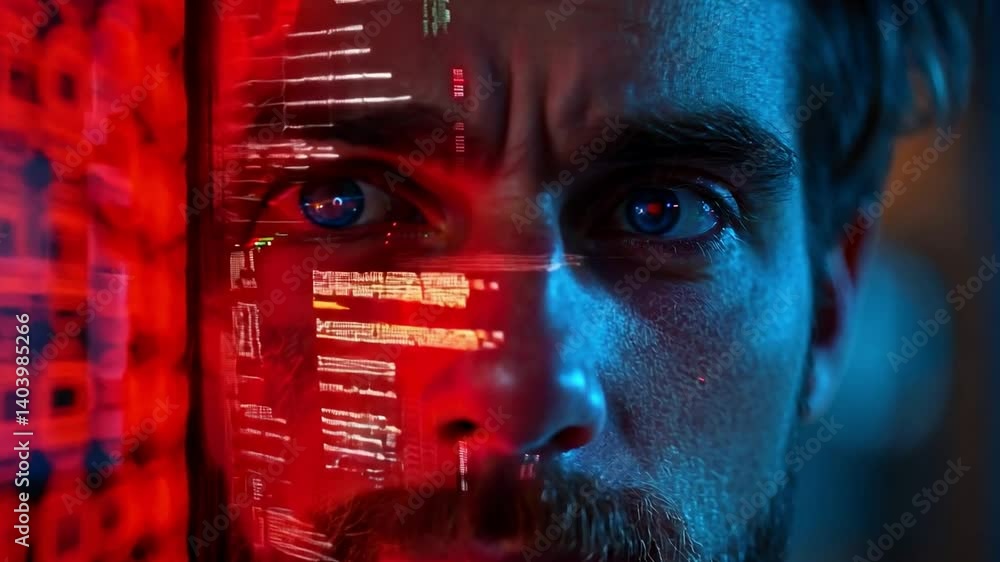 Aufkleber A thoughtful young man stands in a dimly lit environment, with vibrant digital data projections illuminating his features as he reflects on technology.
