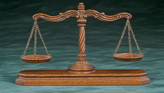 A close-up shot of bronze scales of justice on a dark table, with a blurred green background. Symbolizing law, justice, and balance. Concepts related to legal services, law firms, and advocates.