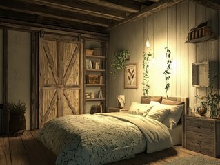 Rustic bedroom sanctuary featuring wooden elements, soft lighting, and botanical accents for a serene and natural retreat.