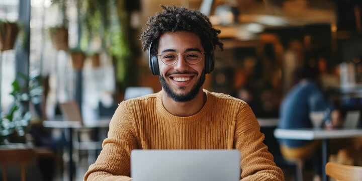 Portrait of happy smiling hipster guy enjoying time for favourite music playlist during e learning in cafeteria, positive male teenager in headphones rest indoors sitting at table with laptop, Generat