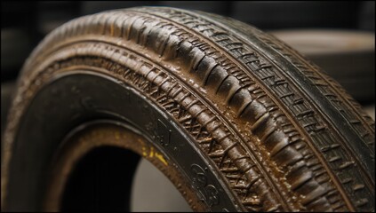 Fototapeta premium Close-up of a worn-out rubber tire with detailed tread patterns reflecting its usage over time.