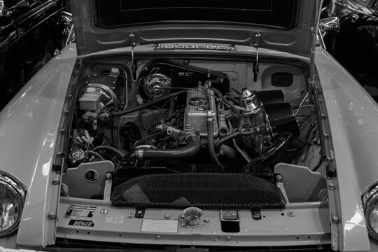 Limassol, Cyprus- December 19, 2024: MGB GT British Layland open front car hood (bonnet) displayed at the Cyprus Motor Museum in black and white