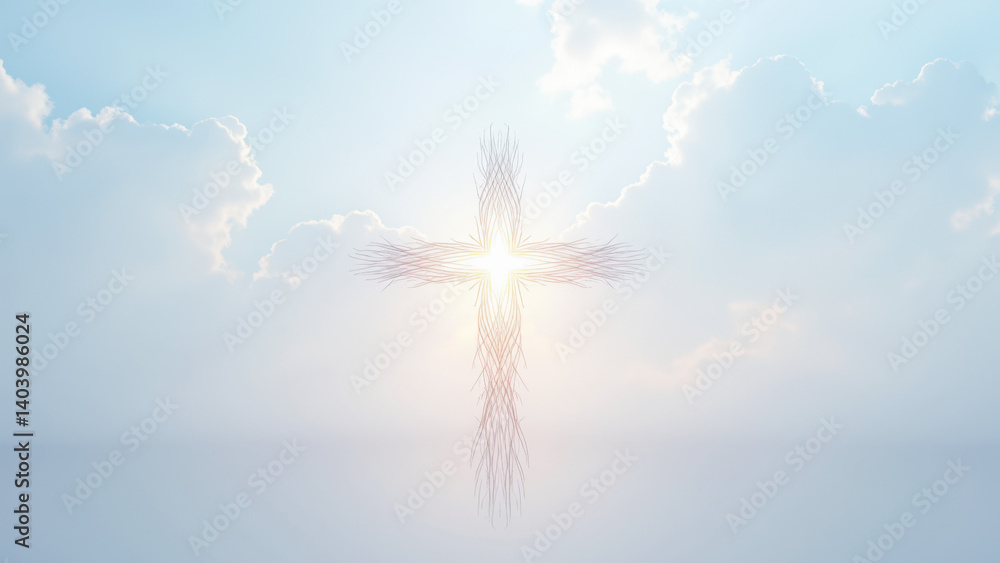 Poster christian cross with rays of light against a cloudy sky.
