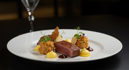 Elegant plate of food with meat and garnish on a white plate.
