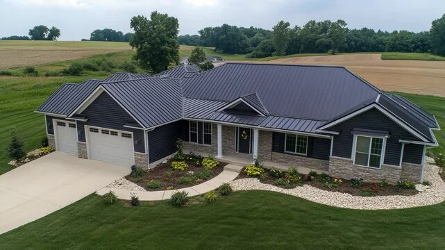 Modern single-family home with dark siding, metal roof, stone accents, and landscaped yard in a rural setting.