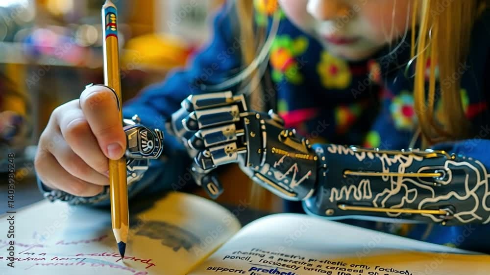Poster a young child is intently focused on writing with a pencil, using a detailed robotic prosthetic hand