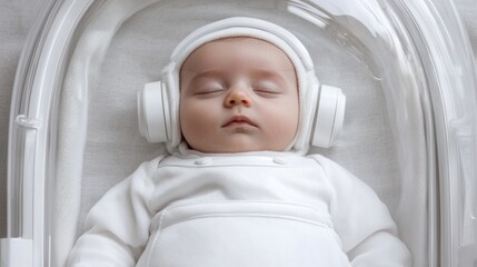 Baby in audition studio with headphones cozy environment captivating reflection peaceful viewpoint