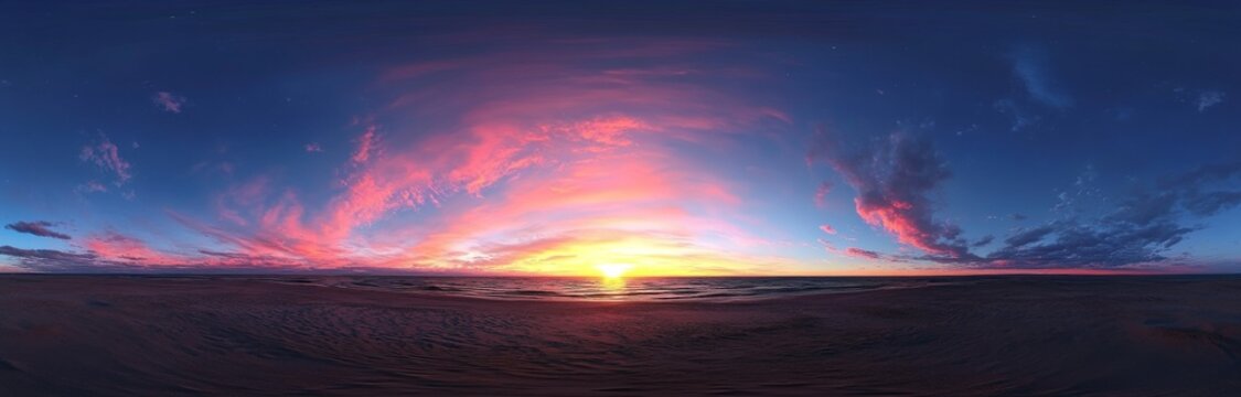 A panoramic view of a dark blue sunset sky with pink cumulus clouds. This seamless spherical equirectangular image is perfect for 3D and game design sky replacements, as well as for drone 360