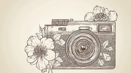 Vintage camera illustration with floral embellishments. Possible use for vintage theme design