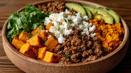 beef, sweet potato, avocado rice bowl