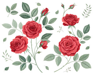 Illustration of Collection of Red Roses and leaves isolated on transparent background