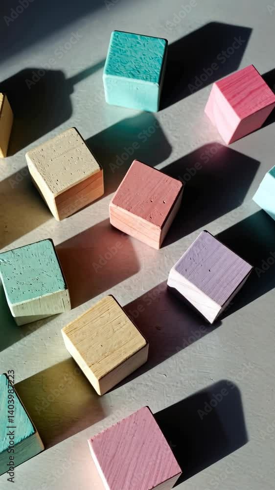 Aufkleber arrangement of textured pastel colored wooden blocks casting shadows on a neutral surface creating a